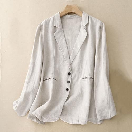 Classic Women's Cotton Linen Notch Lapel Blazer Jacket