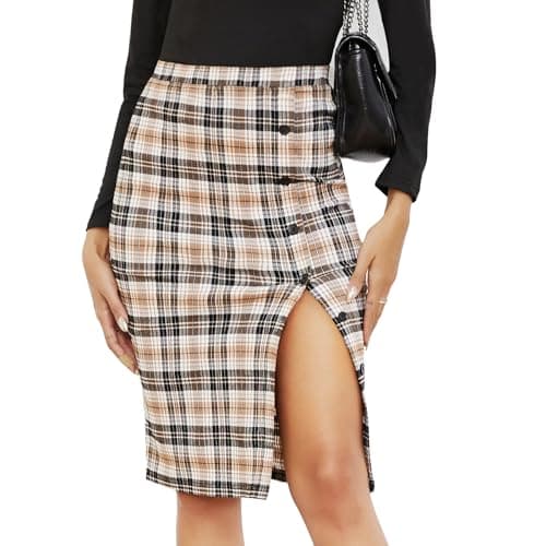 Byinns Women's High Waist Plaid Midi Work Skirt with Button Slit — Khaki Plaid
