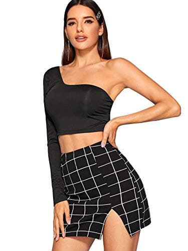 Floerns Women's High Waisted Mini Plaid Split Hem Casual Skirt