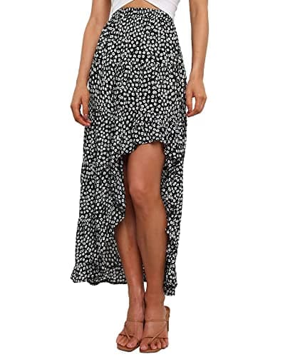 BTFBM Women's 2025 Summer Floral Print Elastic Waist High-Low Boho Maxi Skirt — Black White