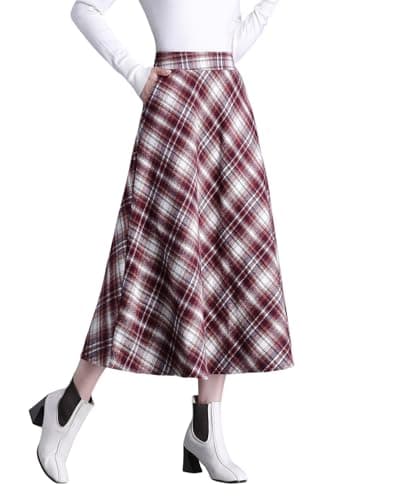 Womens Long Wool Plaid High Waist Flared Skirt Winter Warm — Red Grid