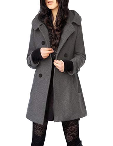 Tanming Women's Warm Double Breasted Wool Pea Coat with Hood — Grey