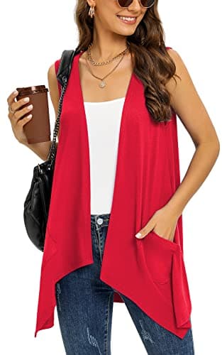 Veryoung Women's Lightweight Floral Long Sleeve Cardigan with Pockets — C07-red-sleeveless