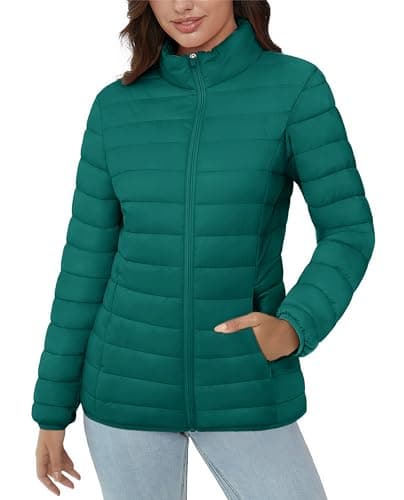 Women's Lightweight Quilted Puffer Jacket with 4 Pockets — Emerald Green