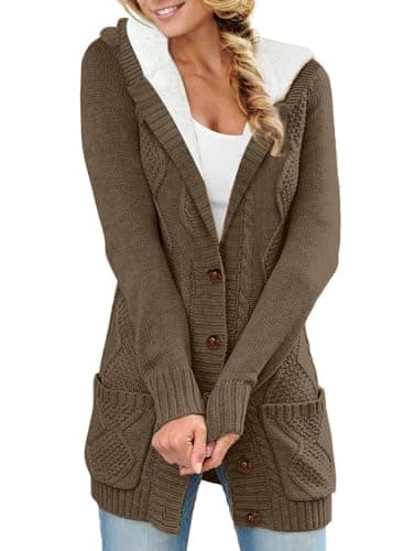 Sidefeel Women's Hooded Fleece Cardigan Winter Coat with Pockets — Hooded Brown