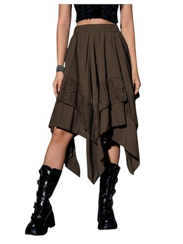 Verdusa Women's Y2K Contrast Lace Layered Midi Skirt — Coffee Brown