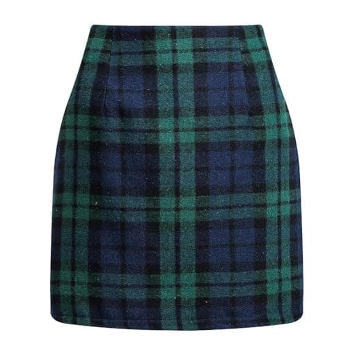 Womens High Waisted Wool Plaid Mini Skirt — 01-dark Green