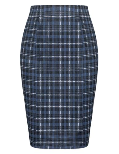 Women's Kate Kasin Knee-Length Elastic Waist Stretch Plaid Business Skirt — Plaid Black Blue