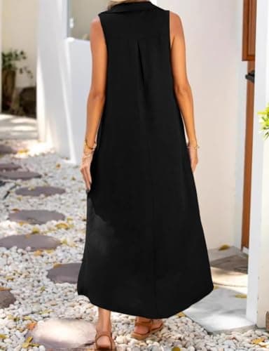 IDEAL SanXun V-Neck Sleeveless Sundresselong Shirt Dress