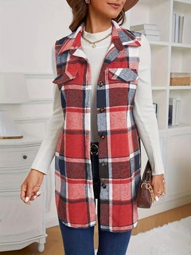 IDEALSANXUN Women's Plaid Sleeveless Cardigan Shacket Vest Fall Fashion