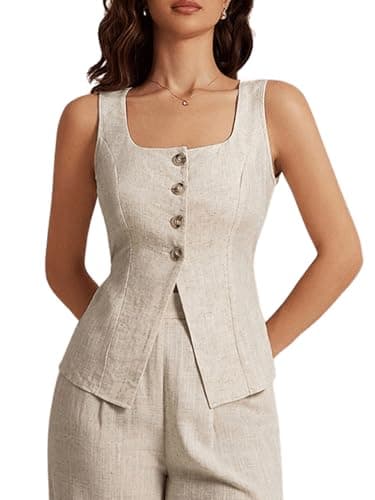 SHENHE Women's Linen Square Neck Summer Sleeveless Top — Beige