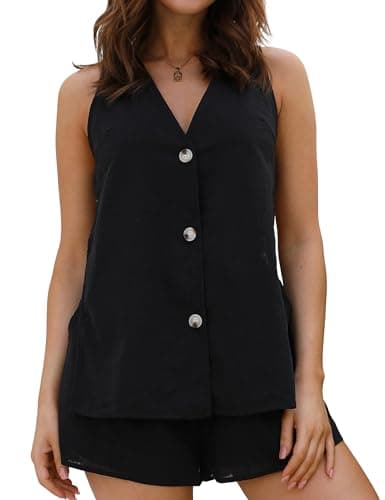 IDEALSANXUN Women's Spring Summer V-Neck Cotton Linen Vest Tops — Black