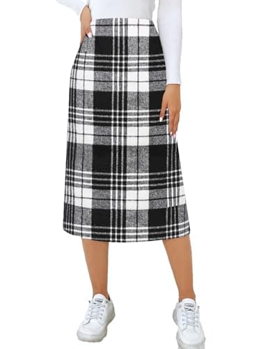 CYCLAMEN Women's High Waisted Wool A Line Midi Plaid Skirt — B Black & White