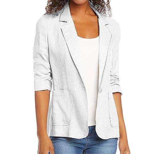 Women's Cotton Linen 3/4 Sleeve Open Front Blazer Jacket — White