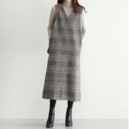 Chouuya Women's Plaid Wool Midi Business Dress