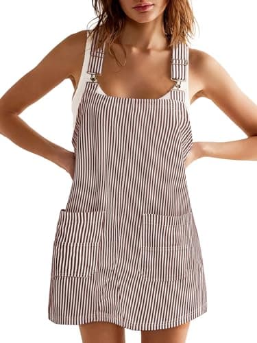 Yousify Women's Casual Striped Denim Overalls Sleeveless Dress with Pockets — Brown
