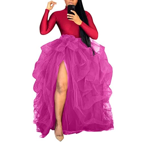 Women's Tulle Maxi Skirt with High Waist and Ruffle - A-Line Floor Length Wedding Skirt — Hot Pink