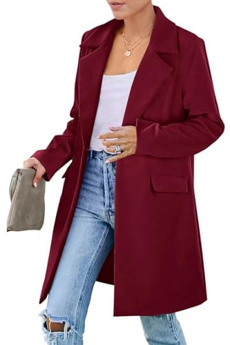 PrettyGarden Women's 2025 Long Sleeve Blazer Jackets Lapel Pockets Casual Work Outerwear — Wine Red