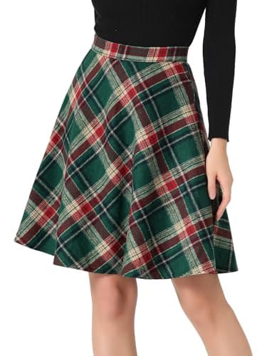 Allegra K Women's Vintage Tartan Knee-Length A-Line Elastic Waist Skirt — Green Red