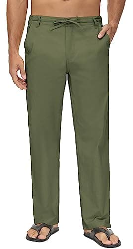 Janmid Men's Casual Linen Pants Elastic Waist Drawstring Yoga Beach trousers — Army Green
