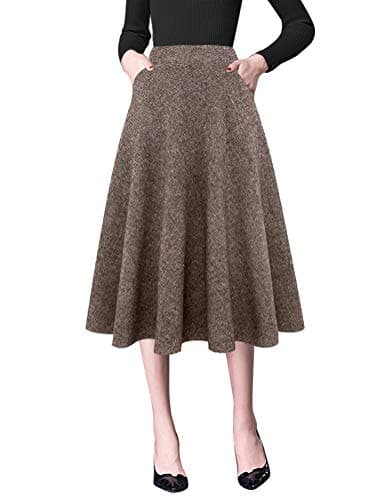 Women's High Waist Wool A-line Midi Skirt — Coffee