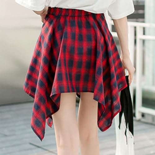 Women's Elastic Waist Plaid Mini Skater Skirt Knot Front Irregular Hem