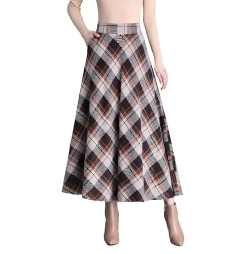 Biilyli Women's Plaid Wool Maxi Skirt with High Waist Elastic Waist — B Khaki