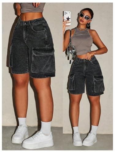 MakeMeChic Women's Low Waist Denim Cargo Bermuda Shorts