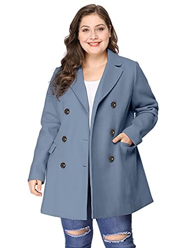 Agnes Orinda Plus Size Notched Lapel Double Breasted Long Coat — Light Blue