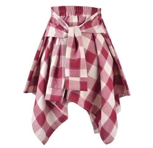Women's Elastic Waist Plaid Mini Skater Skirt Knot Front Irregular Hem — Red & White
