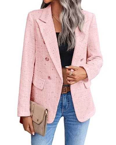 Mina Self 2025 Women's Spring Plaid Tweed Lapel Blazer Jacket with Pockets — 1-tweed/Pink