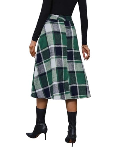 Pemieer High-Waist Wool A-Line Tartan Midi Skirts