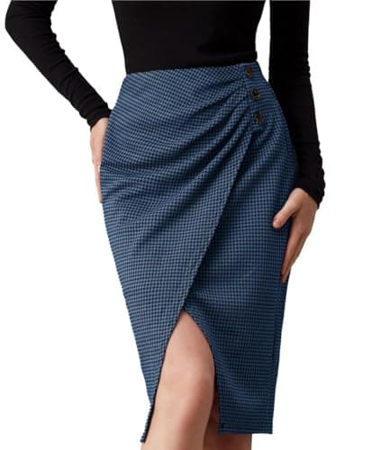GRACE KARIN High Waisted Ruched Midi Skirt for Women — Navy Blue Plaid