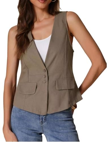 IDEALSANXUN Women's Linen Vest Lightweight Summer Blazer Cardigan Top — Khaki