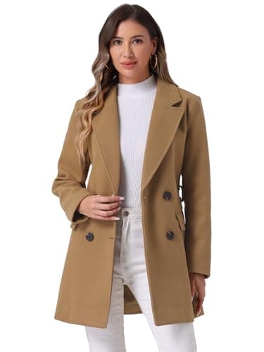 Allegra K Women's Belted Mid-Length Double Breasted Winter Coat — Camel