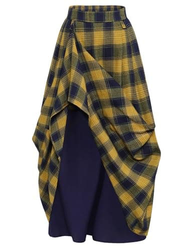 Dark Red Plaid High Waist Skirts for Women with Pockets — Yellow Plaid