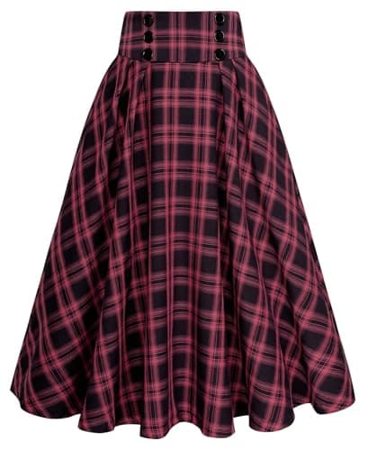 Belle Poque High Waisted Pleated Midi Plaid Skirt with Pockets — Red