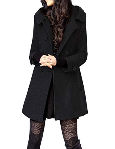 Tanming Women's Warm Double Breasted Wool Pea Coat with Hood — Black