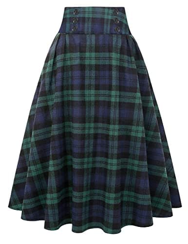 Women's High Waist Plaid A-line Midi Skirt by IDEALSANXUN — Green