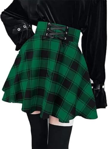 Lunoakvo Women's High Waisted Flare Mini Black Red Plaid Skirt Dress — Plaid-green