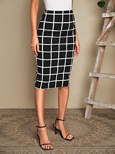 Floerns Women's Plaid High Waist Knee-Length Bodycon Skirt