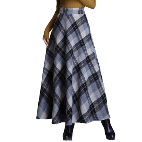 FX Women's Plaid Wool High Waist A-Line Maxi Skirt with Pockets — Grey