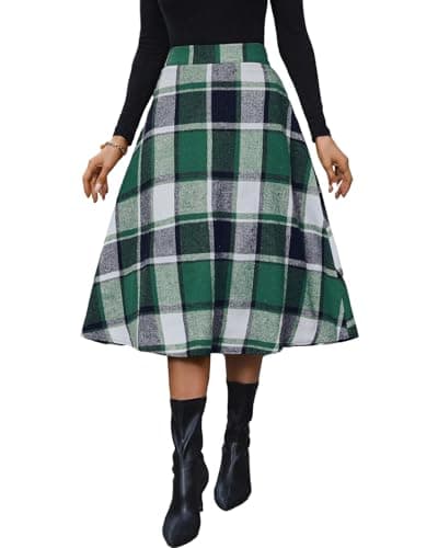 Pemieer High-Waist Wool A-Line Tartan Midi Skirts