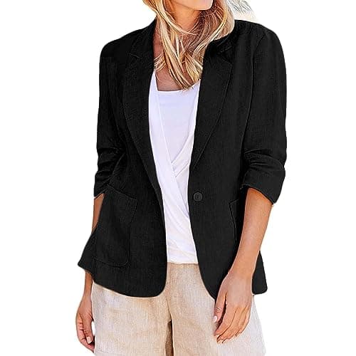 Women's Cotton Linen 3/4 Sleeve Open Front Blazer Jacket