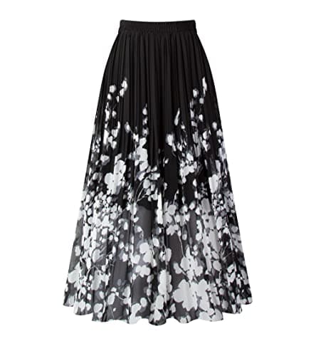 Chic Women's Chiffon Pleated A-Line Midi Skirt — Black Floral