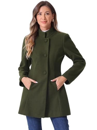 Allegra K Women's Mid-Long Winter Stand Collar Overcoat — Army Green