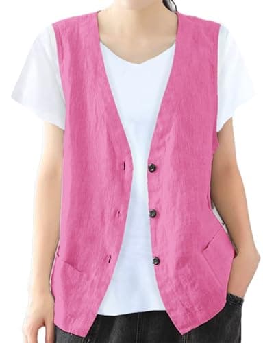 Women's Cotton Linen Vest Lightweight Jacket — Rose