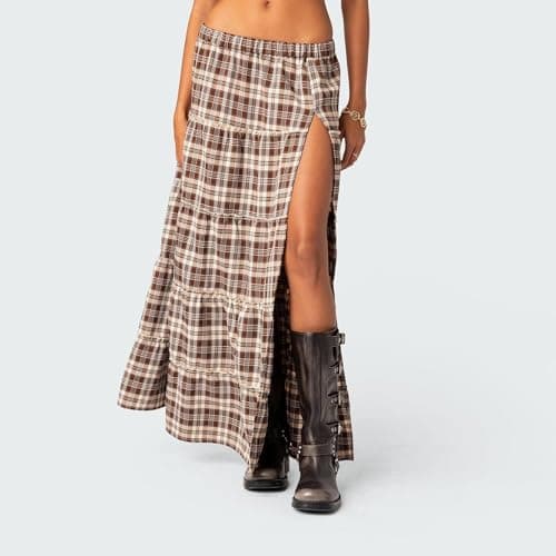 LAVASEON Women's Vintage Plaid Tiered Maxi Skirt with Elastic Waist