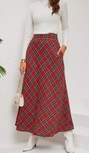 XQR Women's Vintage Plaid Maxi Skirt High Waist with Pockets