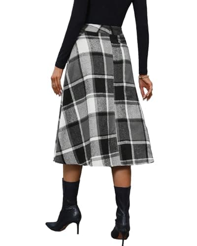 Pemieer High Waist Wool A-Line Tartan Midi Skirts